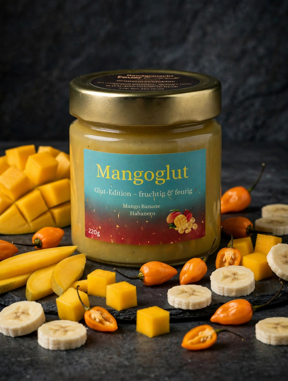 Mangoglut, Aufstrich aus Mango, Banane und Habanero, 220-g-Glas, Symbolbild