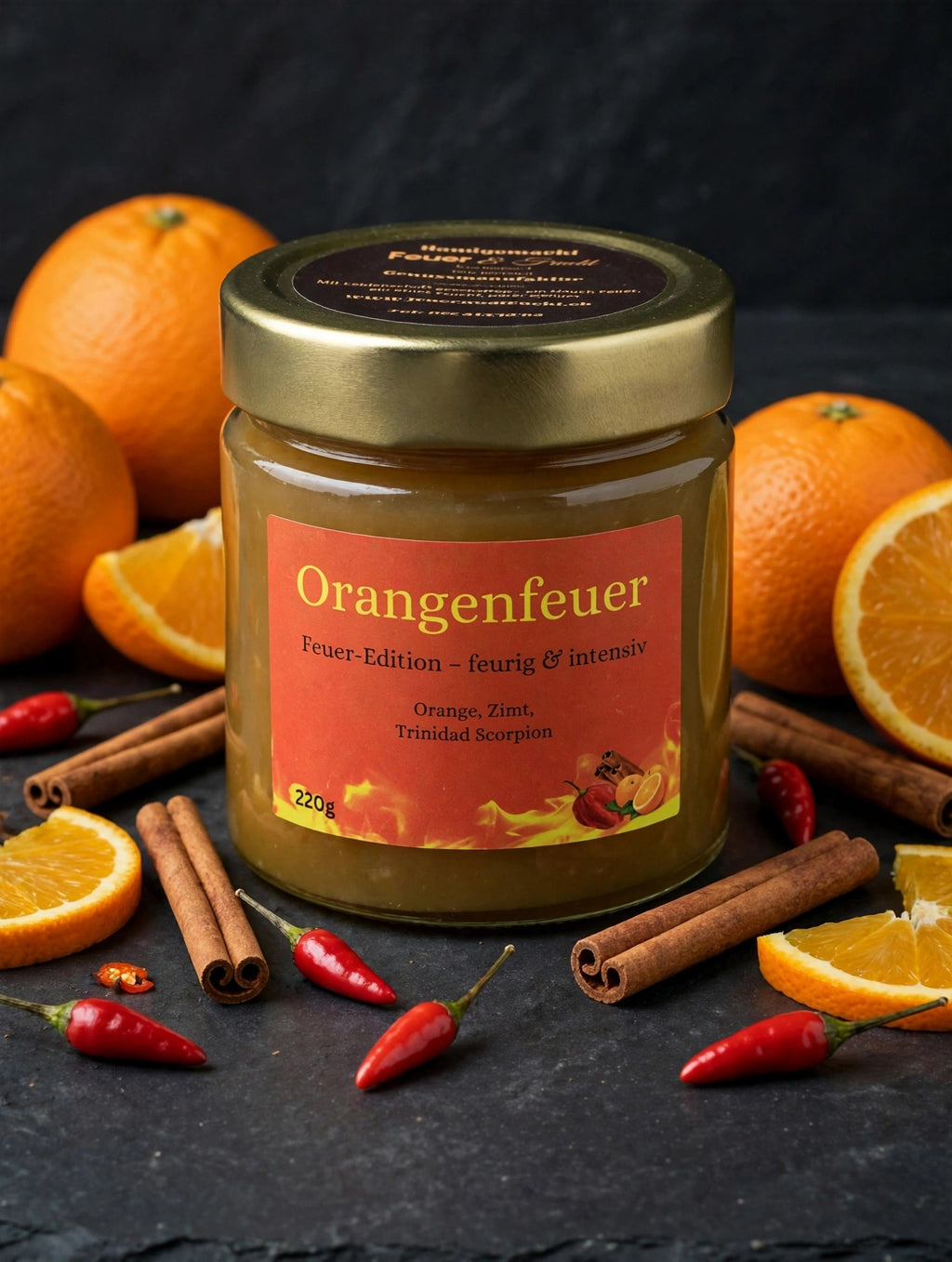 Orangenfeuer, Aufstrich aus Orange, Zimt und Trinidad Scorpion, 220-g-Glas, Symbolbild