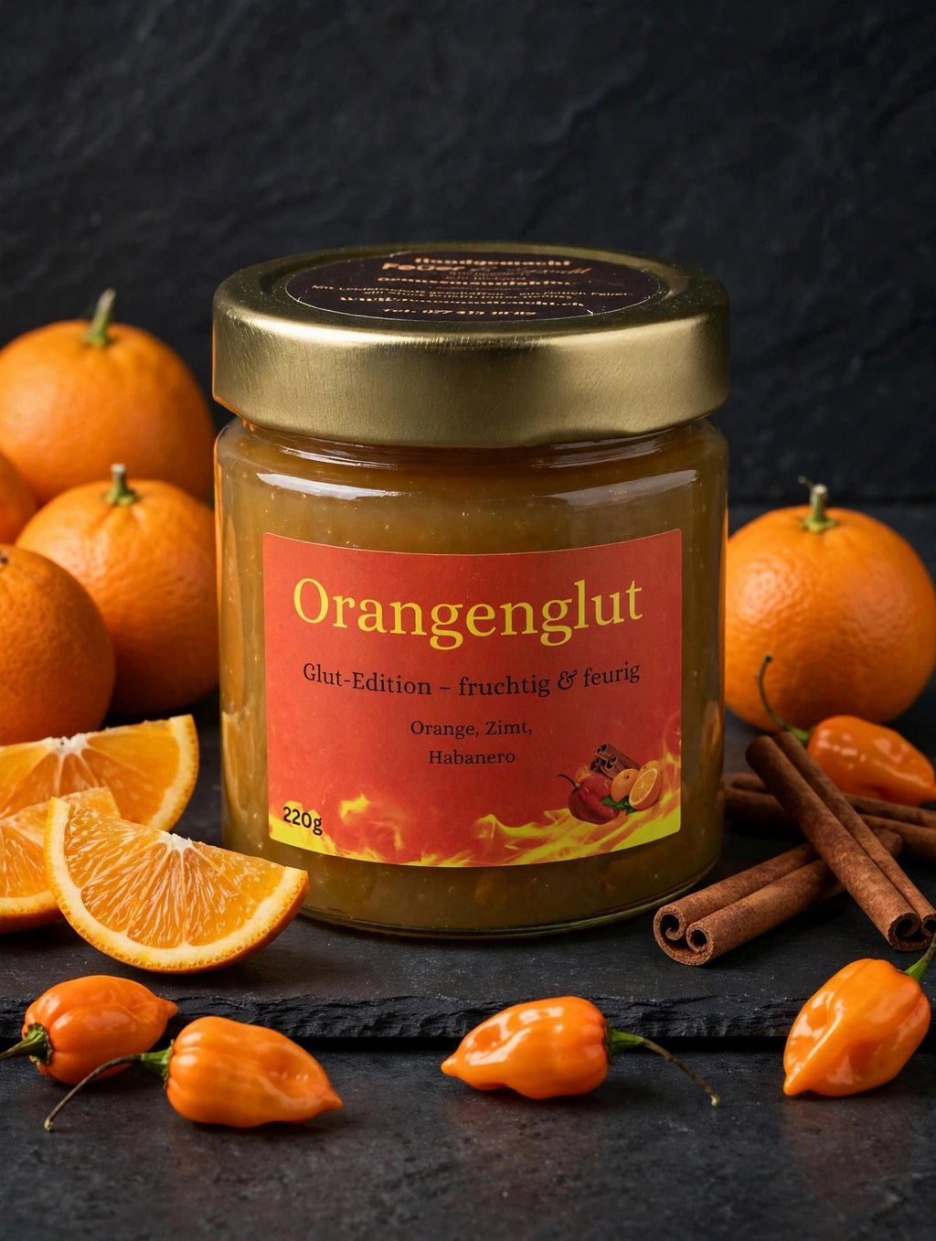 Orangenglut, Aufstrich aus Orange, Zimt und Habanero, 220-g-Glas, Symbolbild