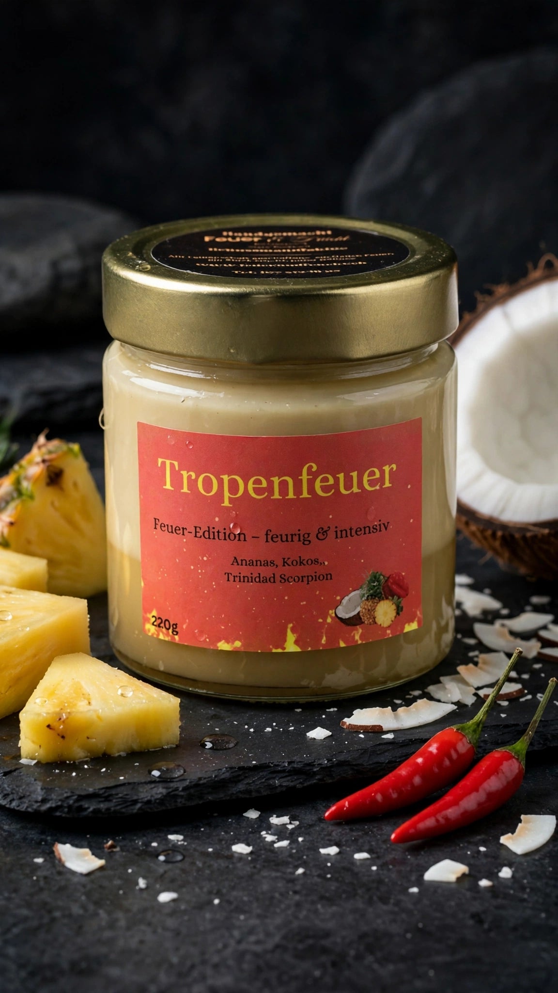 Tropenfeuer, Aufstrich aus Ananas, Kokos und Trinidad Scorpion, 220-g-Glas, Symbolbild