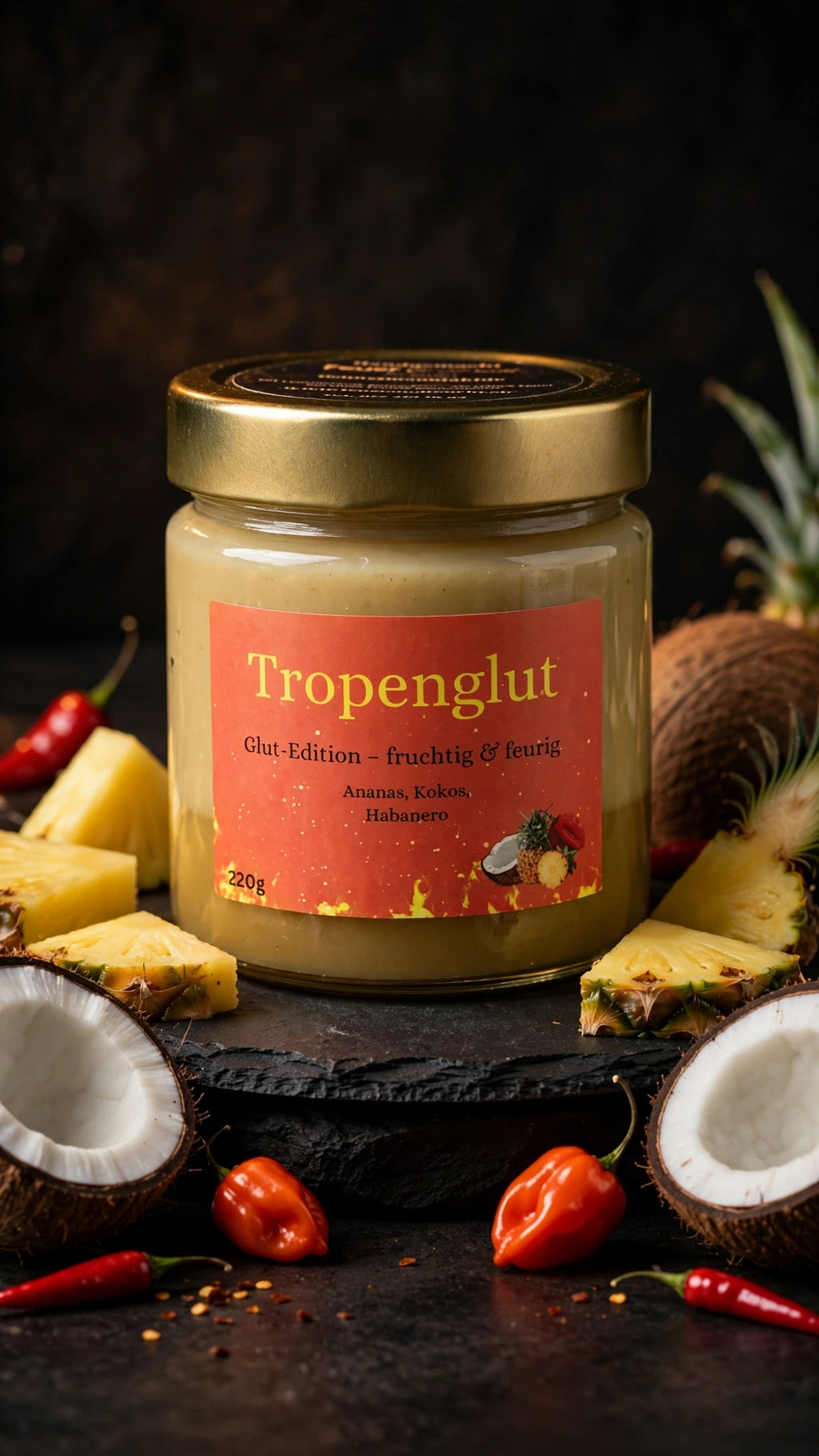 Tropenglut, Aufstrich aus Ananas, Kokos und Habanero, 220-g-Glas, Symbolbild