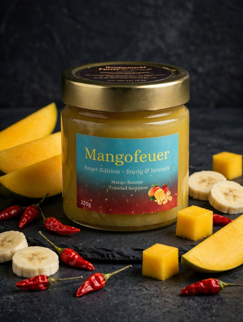 Mangofeuer, Aufstrich aus Mango, Banane und Trinidad Scorpion, 220-g-Glas, Symbolbild