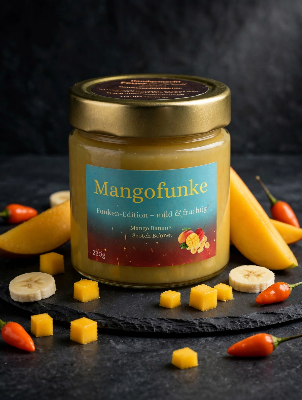 Mangofunke, Aufstrich aus Mango, Banane und Scotch Bonnet, 220-g-Glas, Symbolbild