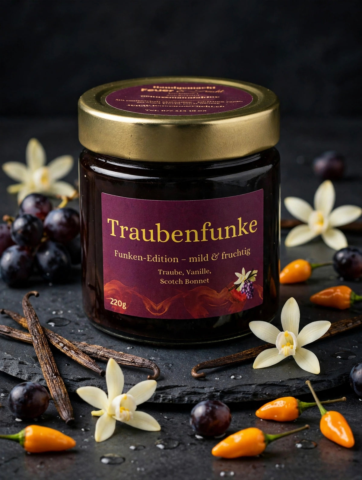 Traubenfunke, Aufstrich aus Traube, Vanille und Scotch Bonnet, 220-g-Glas, Symbolbild