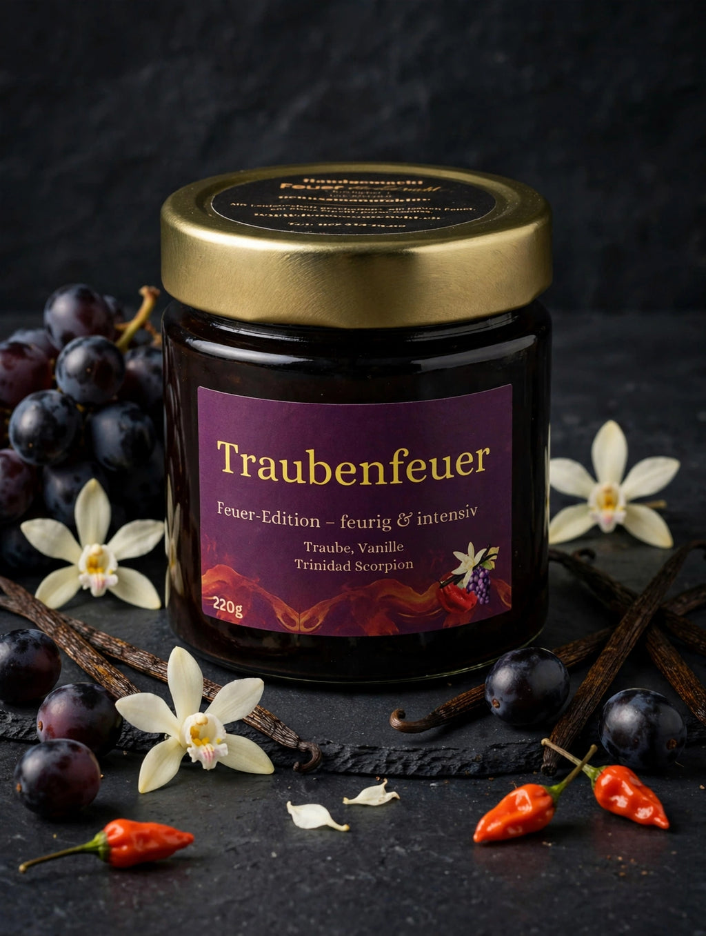 Traubenfeuer, Aufstrich aus Traube, Vanille und Trinidad Scorpion, 220-g-Glas, Symbolbild