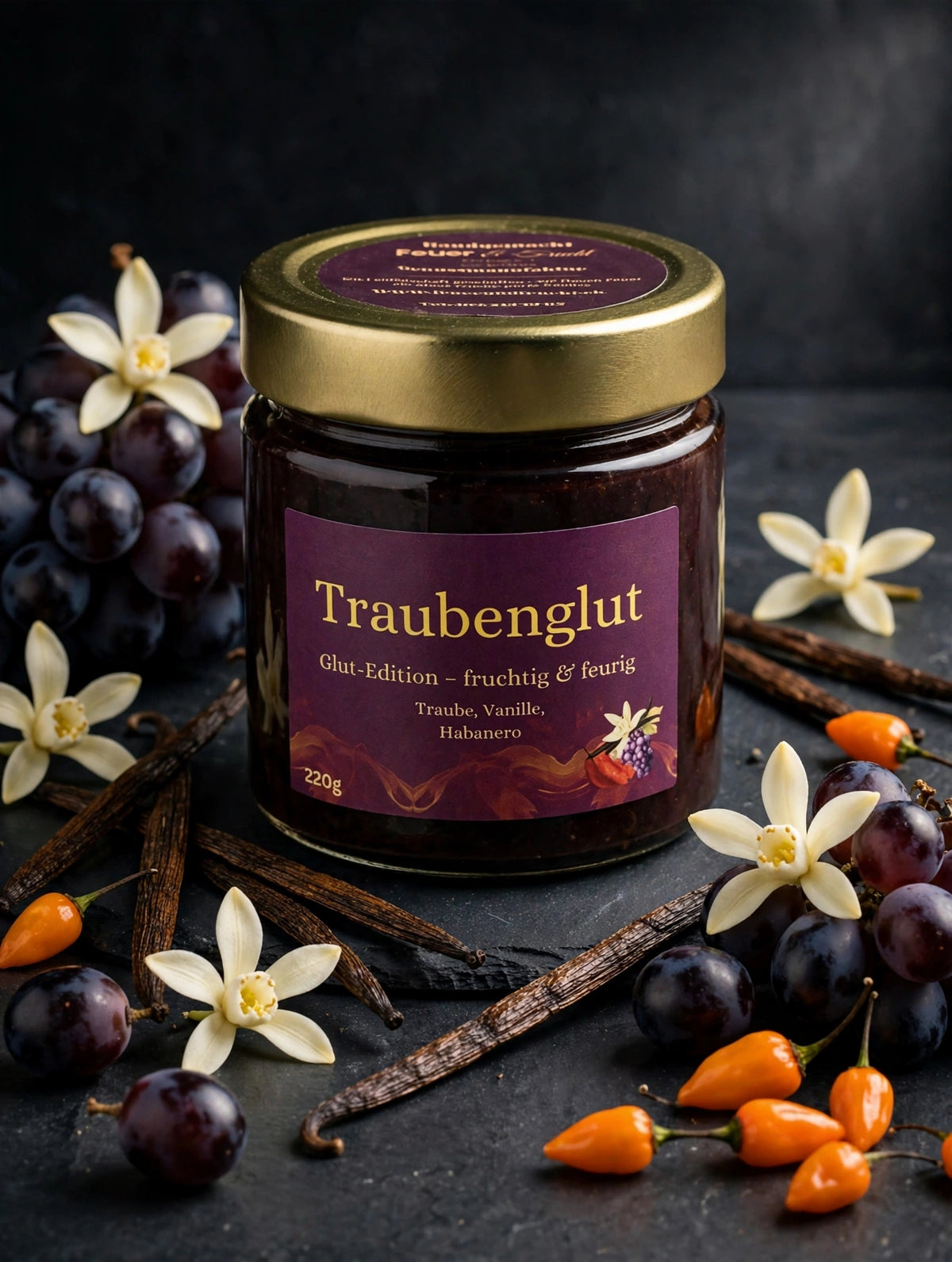 Traubenglut, Aufstrich aus Traube, Vanille und Habanero, 220-g-Glas, Symbolbild